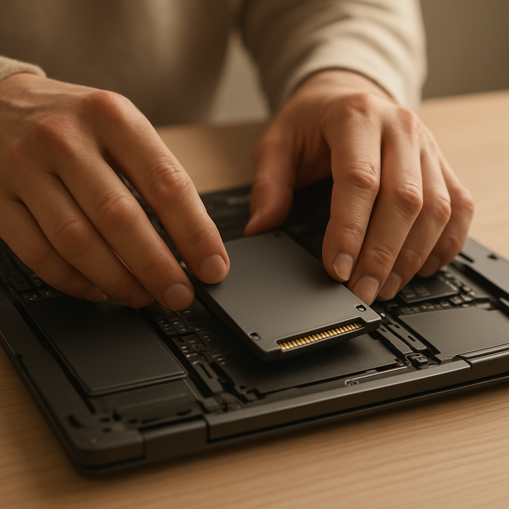 Hands carefully installing an SSD into the back of an open laptop